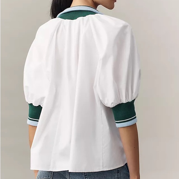 Maeve White Half-Zip Puff-Sleeve Sporty Henley Blouse-NWT - Picture 2 of 9